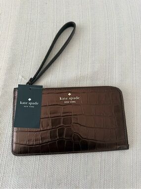 kate spade Lucy mid zip dark brown croc-embossed leather wristlet pouch